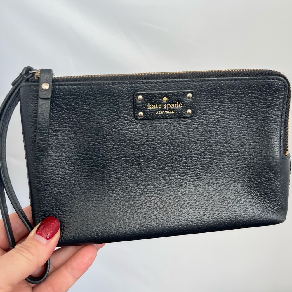 KATE SPADE LEONI GROVE STREET DOUBLE ZIP Black Leather WRISTLET WALLET